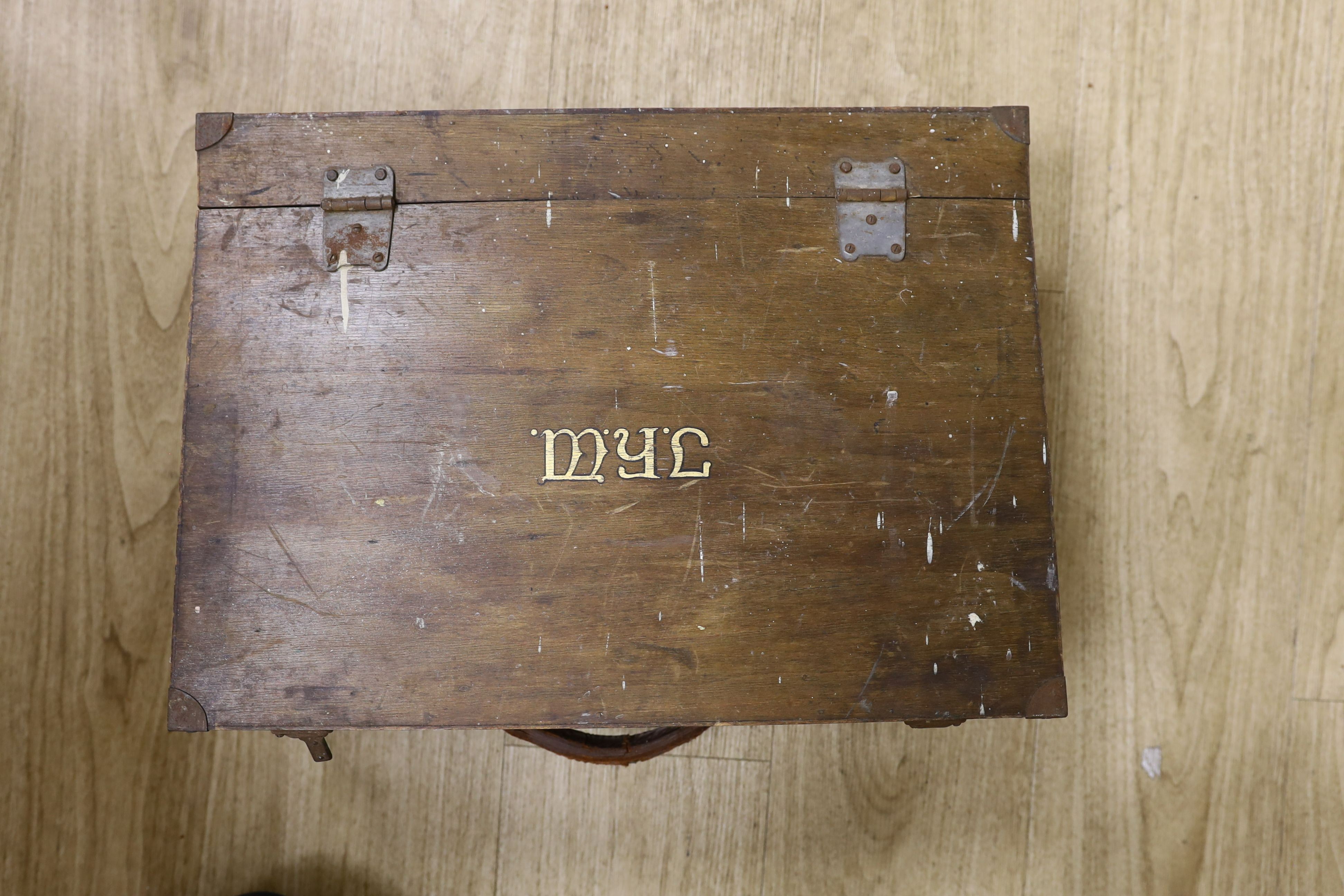 A wooden sign-writer's case and contents, 46 cms wide x 33 deep.